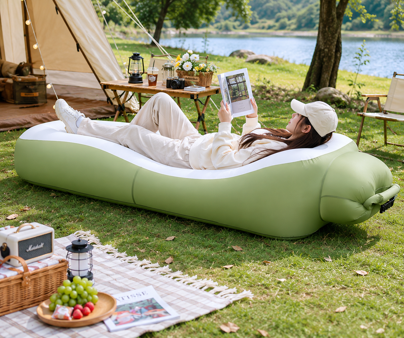 Multipurpose inflatable mattress - for camping, beach, and outdoor activities.