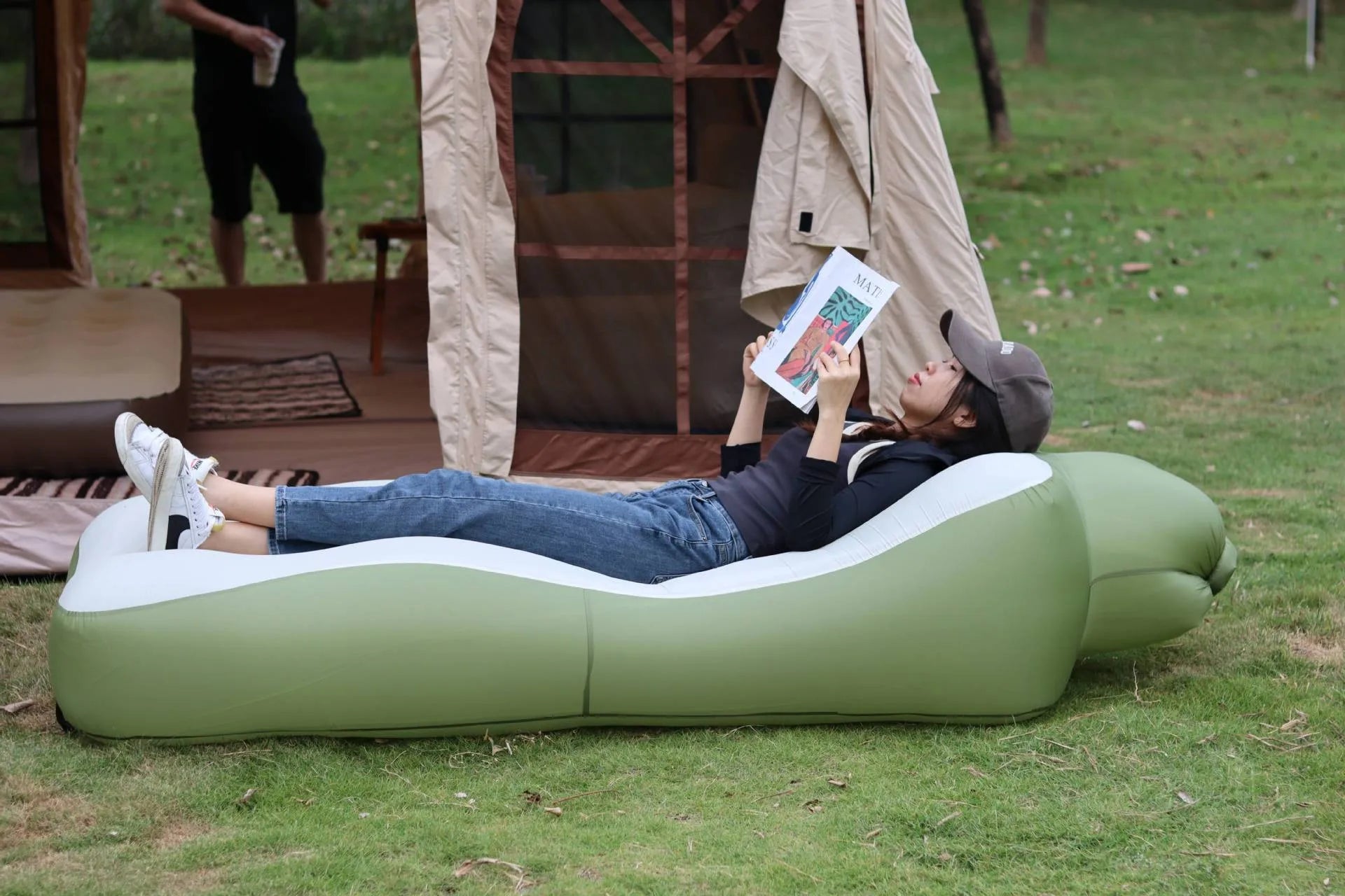 Multipurpose inflatable mattress - for camping, beach, and outdoor activities.